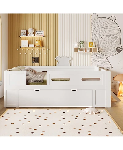 Streamdale Furniture Wood Platform Bed with Guardrail and Drawer