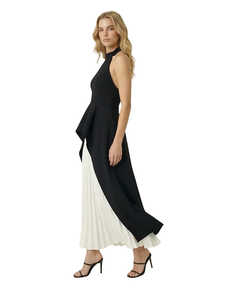 Modenaire Women's Halter-Neck Asymmetric Layered Pleated Midi Dress