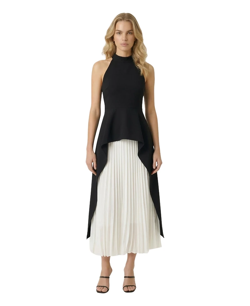Modenaire Women's Halter-Neck Asymmetric Layered Pleated Midi Dress