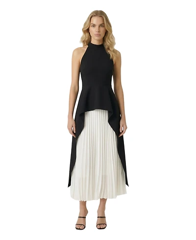 Modenaire Women's Halter-Neck Asymmetric Layered Pleated Midi Dress
