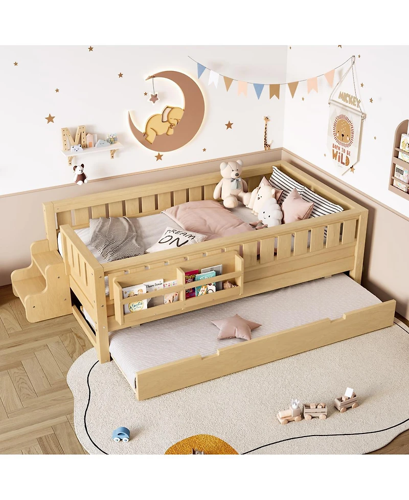 Streamdale Furniture Bed with Bookshelves Staircase Safety Rails and Trundle Light