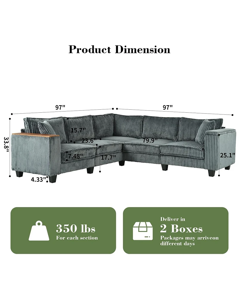 Streamdale Furniture 97'' Corduroy L-Shaped Corner Couch with Armrest Storage