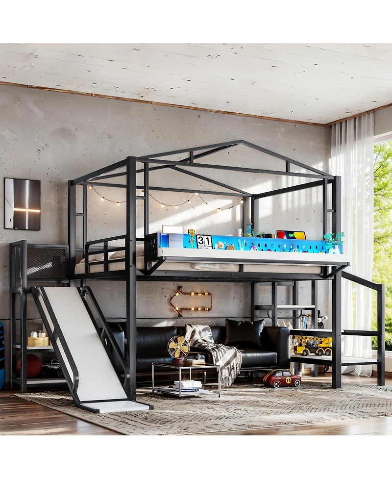 Streamdale Furniture Full Size Metal Loft Bed with Storage Stairs Wardrobe Usb and Led Lights