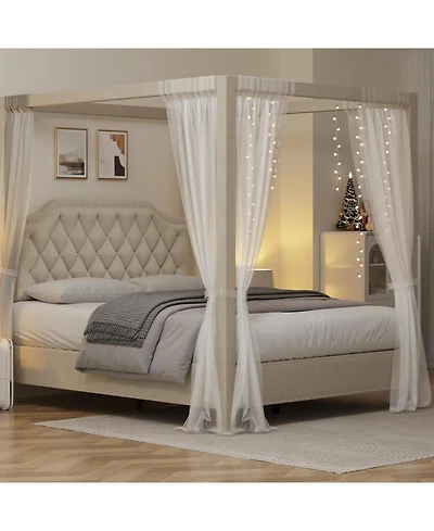 gaomon Canopy Bed Frame with Headboard Wingback, Soft Fabric, Retro Simple Style Platform Bed No Box Spring Needed