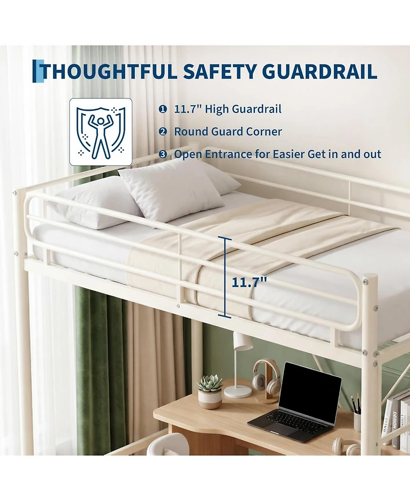 gaomon Twin Loft Bed for Kids/Teens, Heavy Duty Metal Frame with 11.7 inch Guardrail, Space Saving Workspace Underneath
