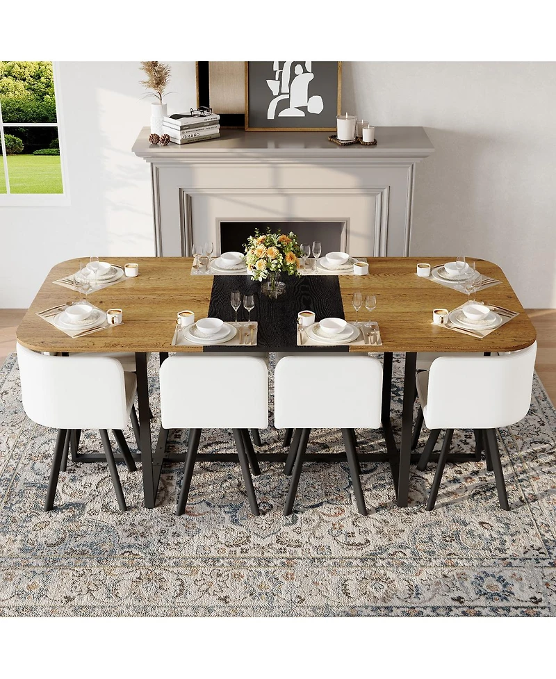 Streamdale Furniture 9-Piece Two-Tone Square Dining Table Set with 8 White Pu Leather Chairs