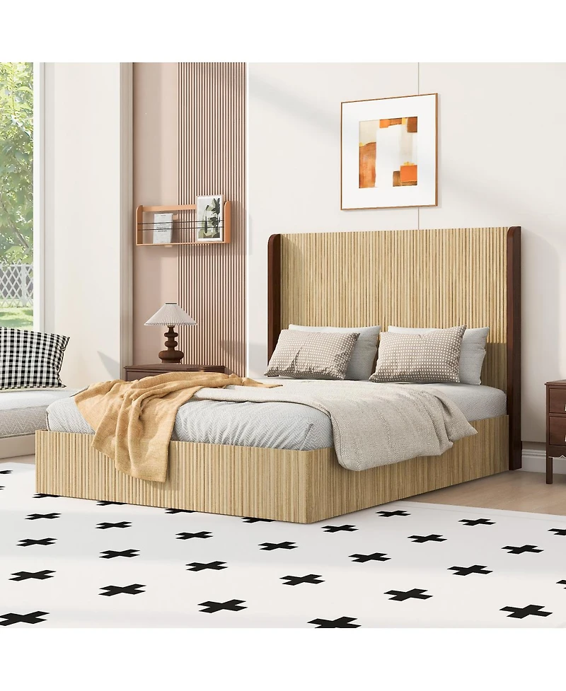 Streamdale Furniture Queen Size Serrated Wooden Platform Bed with Wing-Shaped Headboard