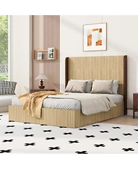 Streamdale Furniture Queen Size Serrated Wooden Platform Bed with Wing-Shaped Headboard