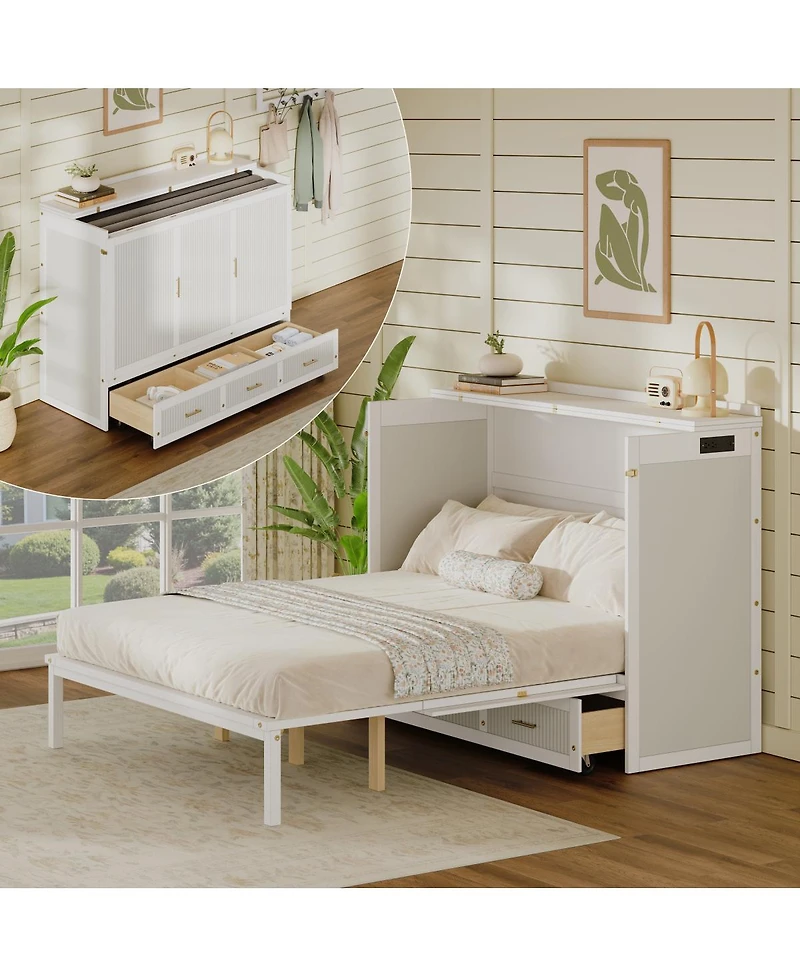 Streamdale Furniture Multifunctional Queen Murphy Bed Cabinet with Usb Charging Station and Drawers