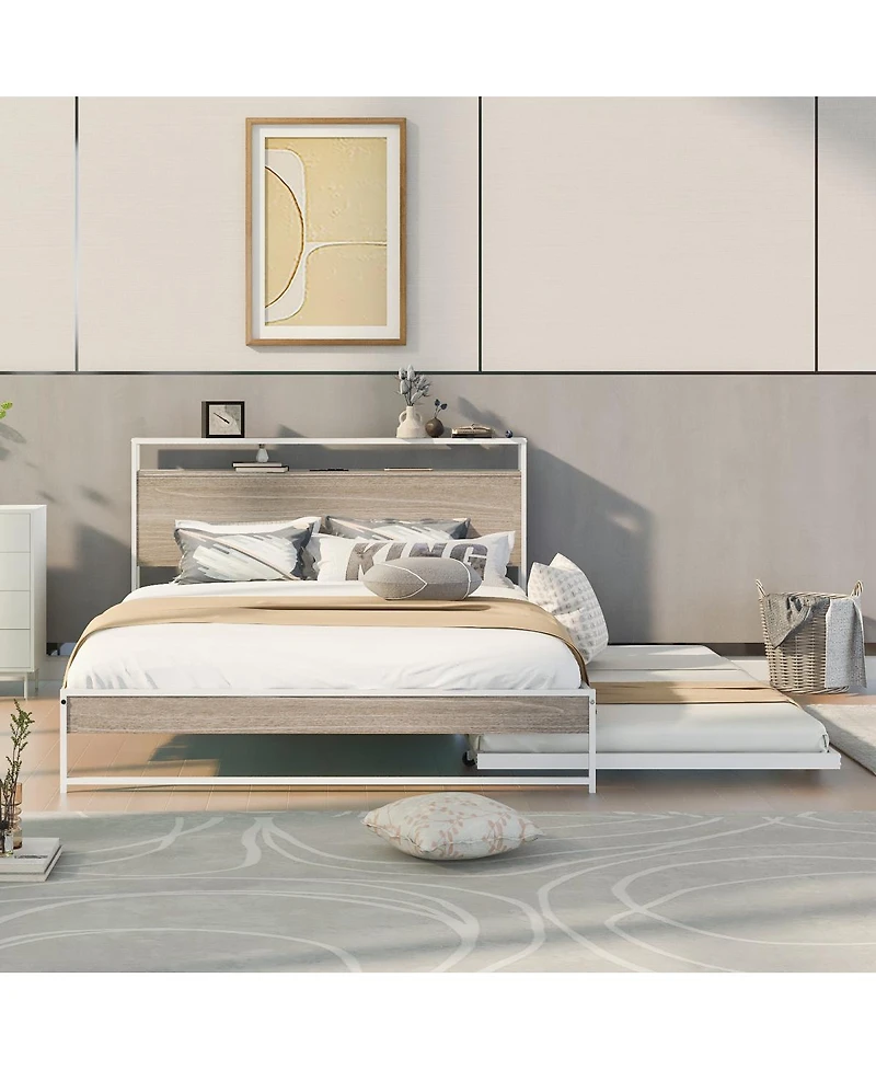 Streamdale Furniture Queen Metal Platform Bed Frame with Trundle Usb Ports and Slat Support