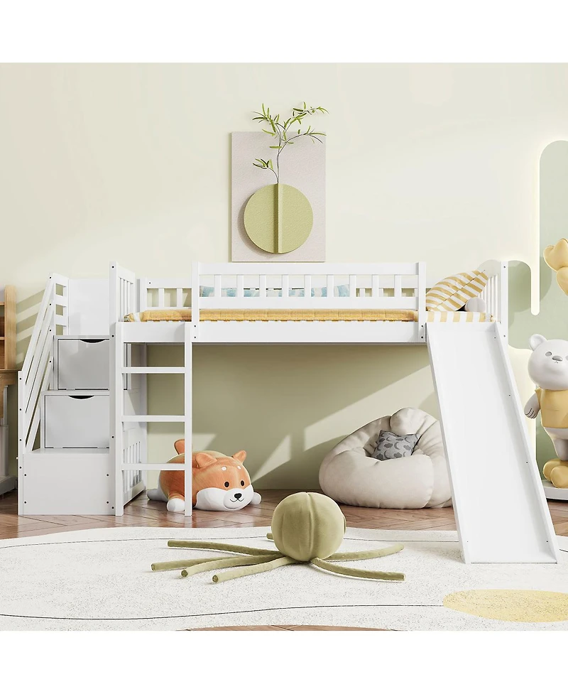 Streamdale Furniture Stairway Twin Size Loft Bed with Two Drawers and Slide