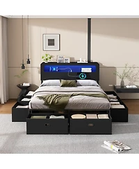 Streamdale Furniture Queen Bed Frame with Led Headboard Charging Station and 8 Storage Drawers