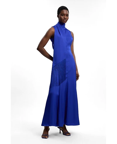 Karen Millen Women's Satin Cowl Neck Scarf Fringe Maxi Dress