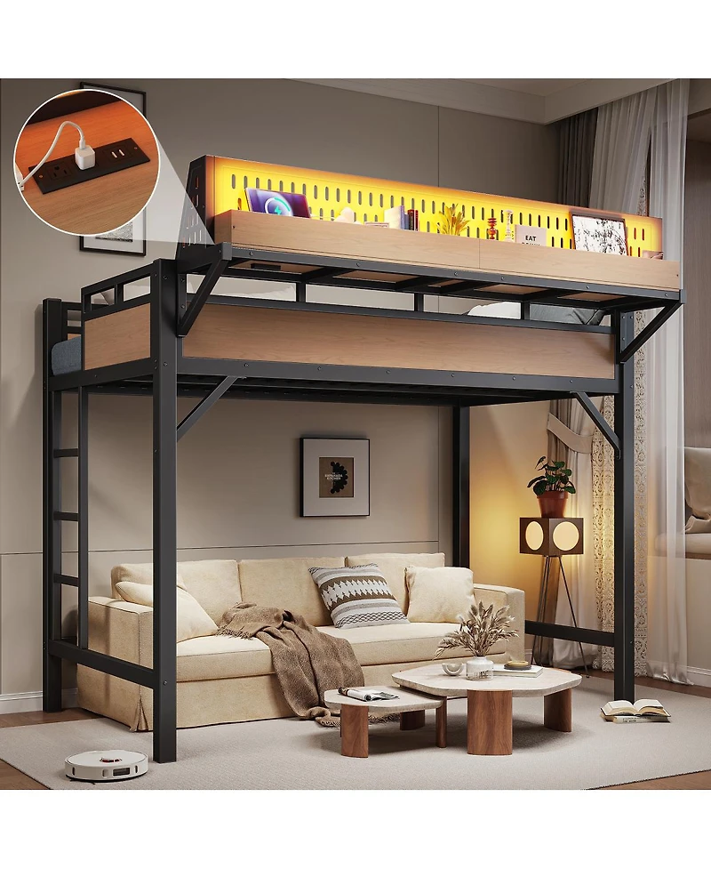 Streamdale Furniture Metal Loft Bed with Storage Pegboard Usb Ports and Led Lights