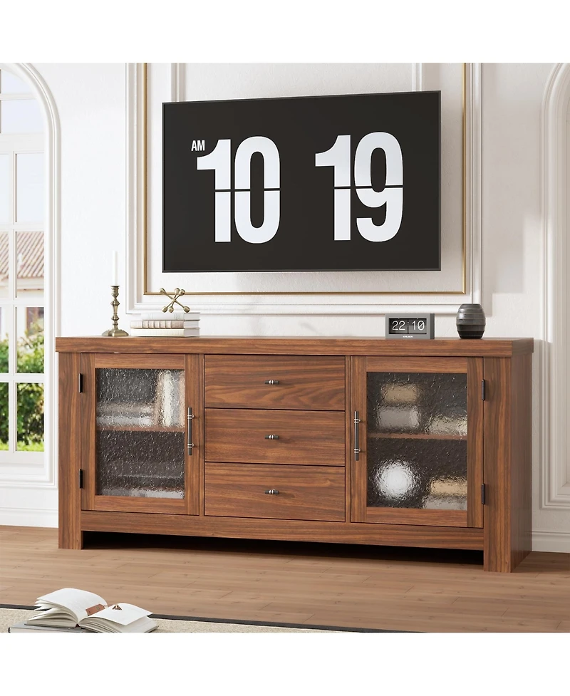 homfan Buffet Sideboard with Glass Doors and Drawers Accent Storage Cabinet Coffee Bar for Living Room Kitchen Dining Room