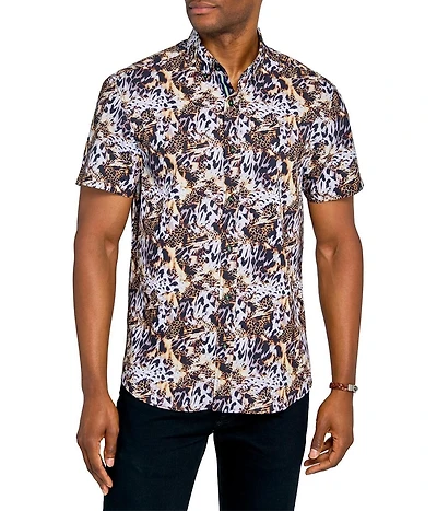 Society of Threads Men's Regular Fit 4-Way Stretch Performance Leopard Print Short Sleeve Button Down