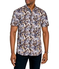 Society of Threads Men's Regular Fit 4-Way Stretch Performance Leopard Print Short Sleeve Button Down