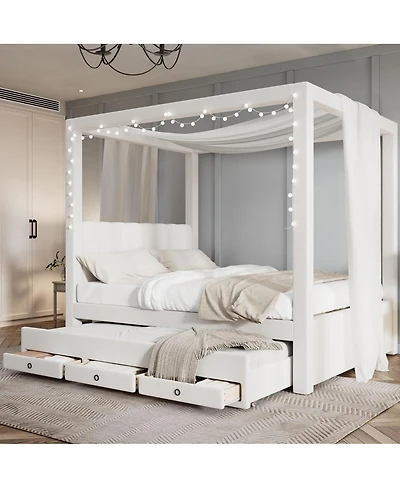 Streamdale Furniture Upholstery Canopy Platform Bed with Trundle and 3 Drawers
