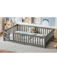 Streamdale Furniture Full Size Bed Floor Bed with Safety Guardrails and Door for Kids