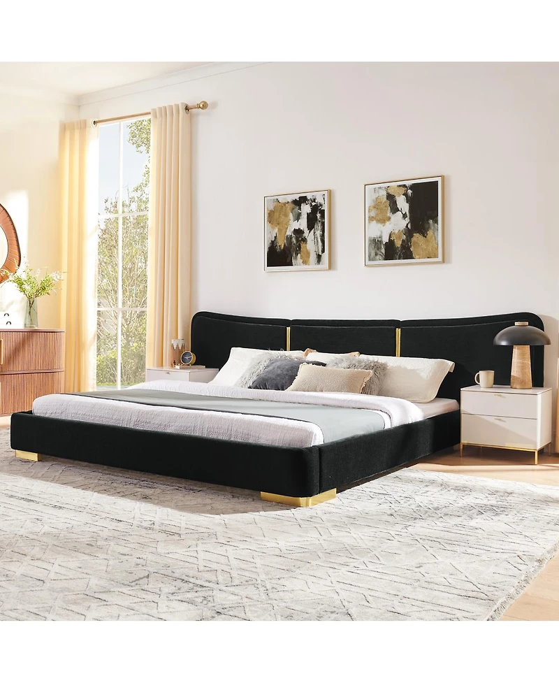 Streamdale Furniture Extra Large Chenille Platform Bed with Curved Headboard