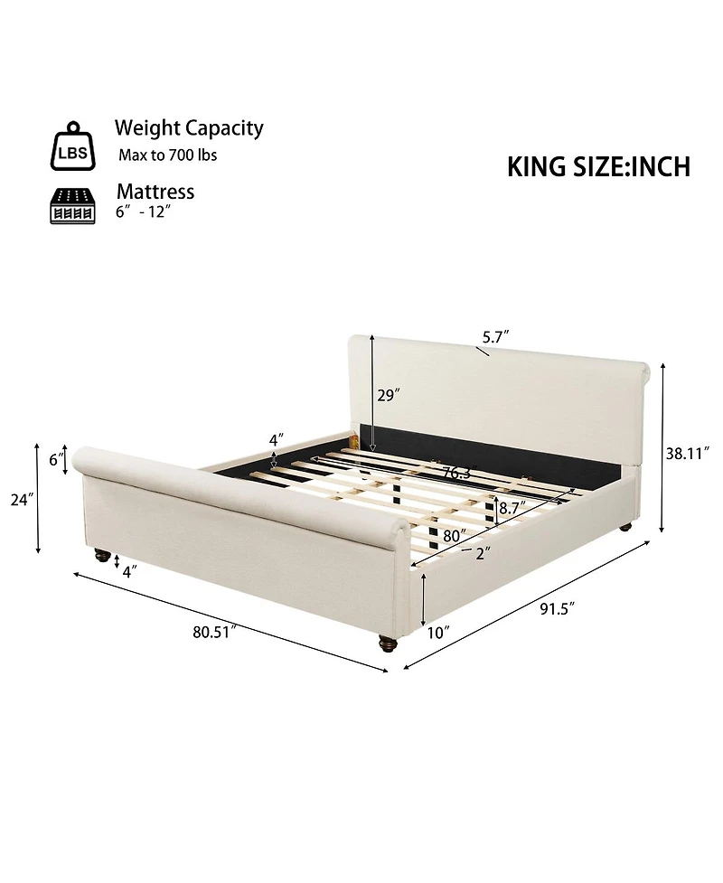 Streamdale Furniture King Size Upholstered Linen Bed Frame with Thick Headboard