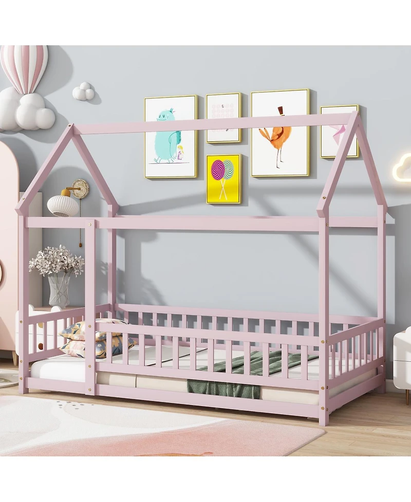 Streamdale Furniture Twin Size House Floor Wooden Bed with Roof Frame Safety Guardrails