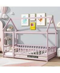Streamdale Furniture Twin Size House Floor Wooden Bed with Roof Frame Safety Guardrails