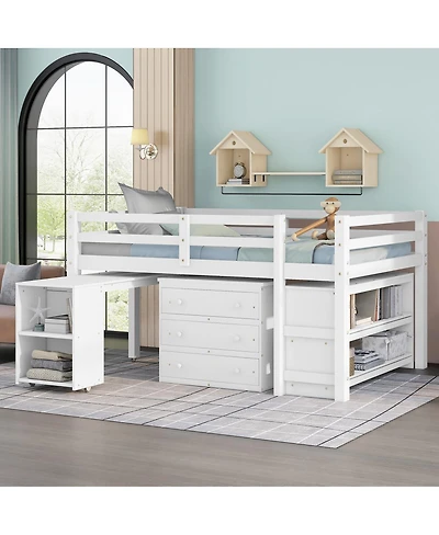 Streamdale Furniture Low Study Full Loft Bed with Cabinet Shelves and Rolling Desk