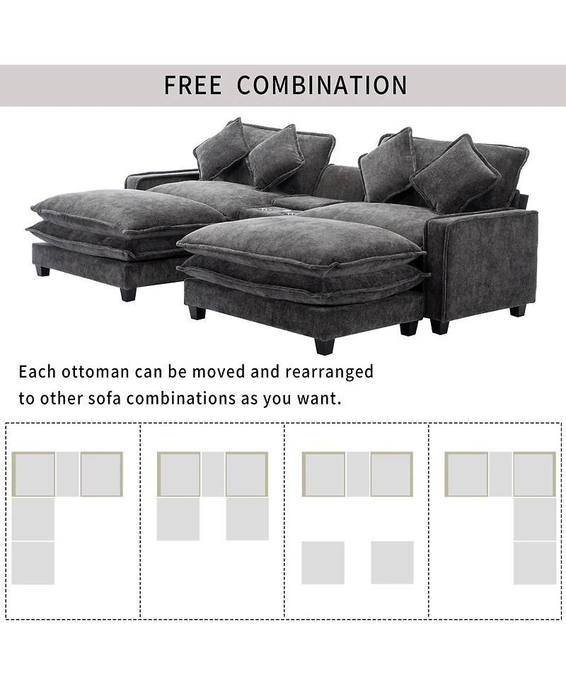 Streamdale Furniture 111'' Chenille Sectional Sofa with Storage Ottomans Usb Ports and Cup Holders