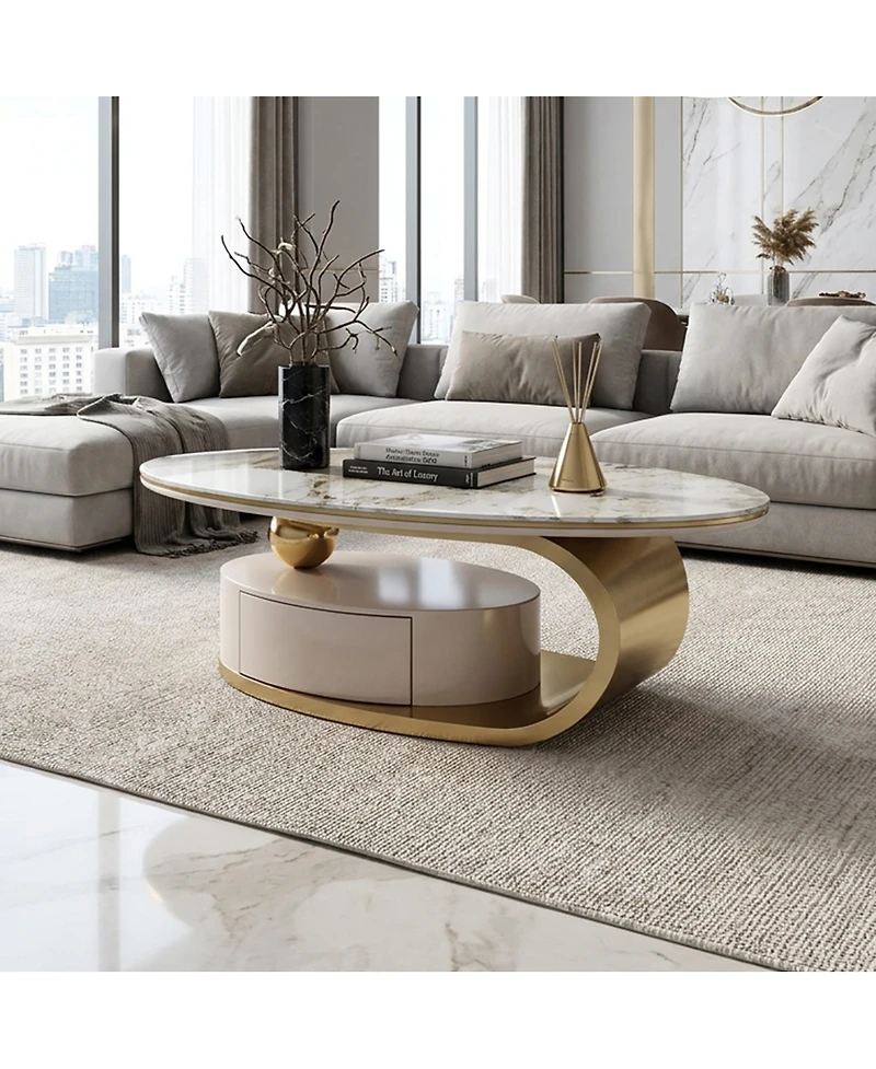 Streamdale Furniture 51.18'' Luxury Oval Coffee Table with Drawer Glass Top and Gold Stainless Frame