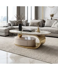 Streamdale Furniture 51.18'' Luxury Oval Coffee Table with Drawer Glass Top and Gold Stainless Frame