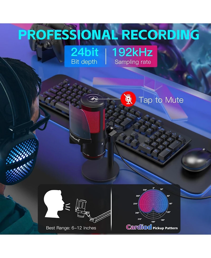 ZealSound Usb Condenser Microphone with Noise Cancellation, Touch Mute, Rgb Light and Volume Control for Streaming, Gaming and Podcasting