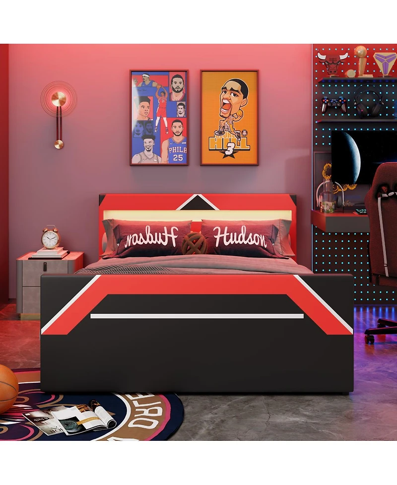 Streamdale Furniture Queen Size Led Gaming Bed with Hydraulic Storage