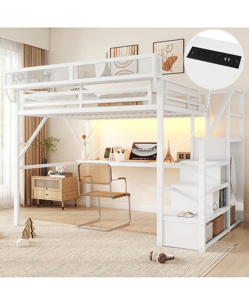 Streamdale Furniture Queen Metal Loft Bed with Desk Charging Station and Stairs