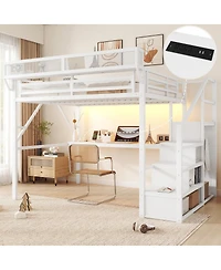 Streamdale Furniture Queen Metal Loft Bed with Desk Charging Station and Stairs
