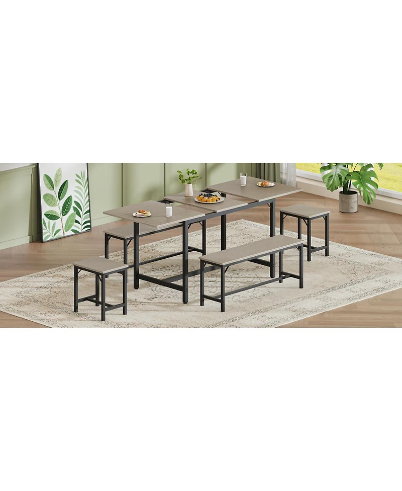 Streamdale Furniture Expandable Dining Table Set for 4-8 with 2 Benches and 2 Stools