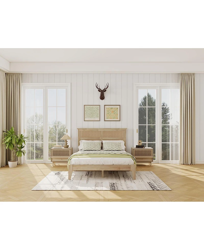 Streamdale Furniture Solid Wood Full Bed with Rattan Headboard and Central Support