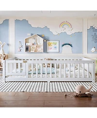 Streamdale Furniture Full Size Bed Floor Bed with Safety Guardrails and Door for Kids