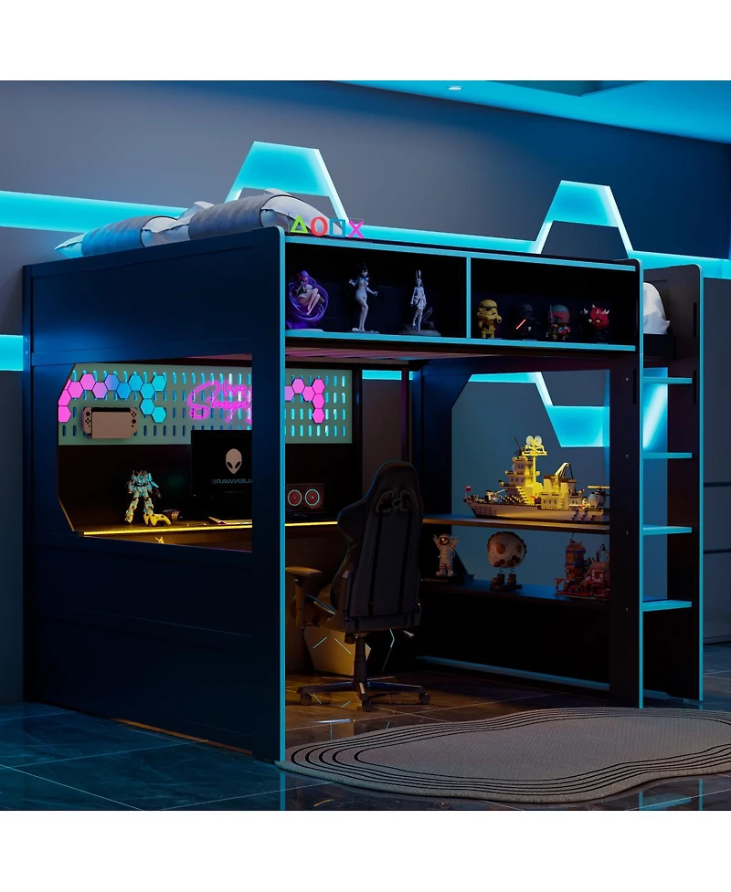 Streamdale Furniture Gaming Loft Bed with Desk Lights and Charging Station