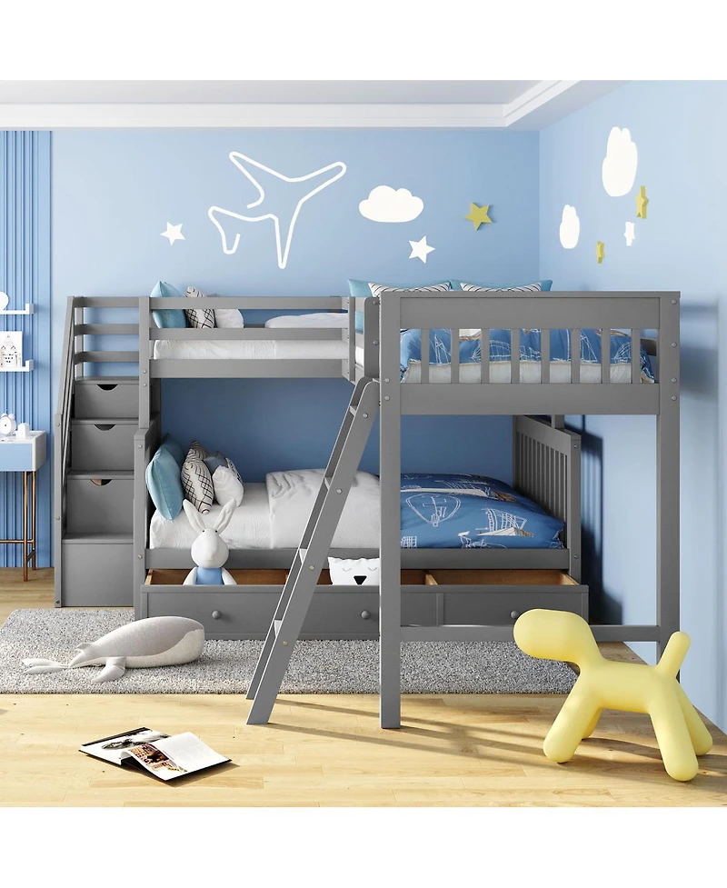 Streamdale Furniture -Shaped Bunk Bed With 3 Drawers Ladder and Staircase