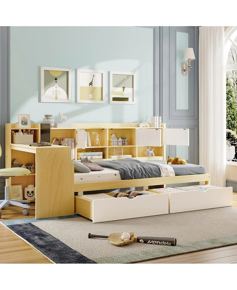 Streamdale Furniture Wooden L-Shape Daybed with Storage Desk and Bookshelf