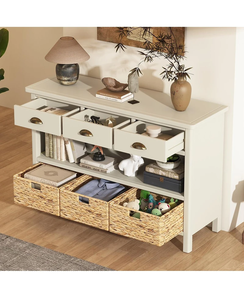Streamdale Furniture Retro Console Table with 3 Storage Drawers and Woven Baskets