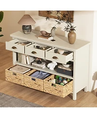 Streamdale Furniture Retro Console Table with 3 Storage Drawers and Woven Baskets