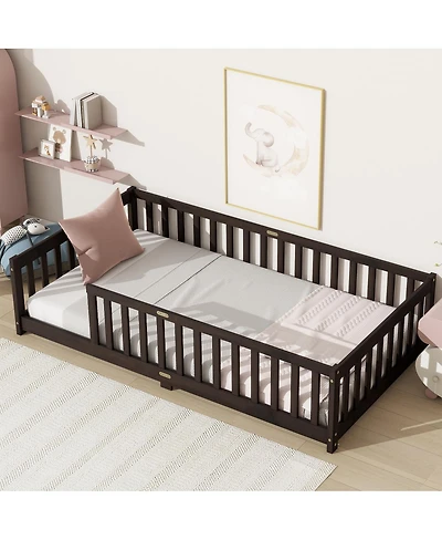 Streamdale Furniture Twin Size Floor Bed with Fence Rubber Wood with Safety Guardrails Espresso