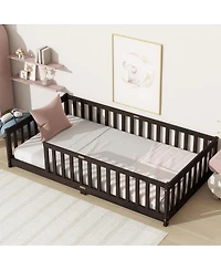 Streamdale Furniture Twin Size Floor Bed with Fence Rubber Wood with Safety Guardrails Espresso