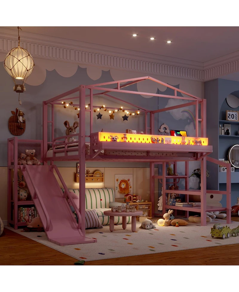 Streamdale Furniture Metal Loft Bed with Storage Wardrobe Usb and Led Lights