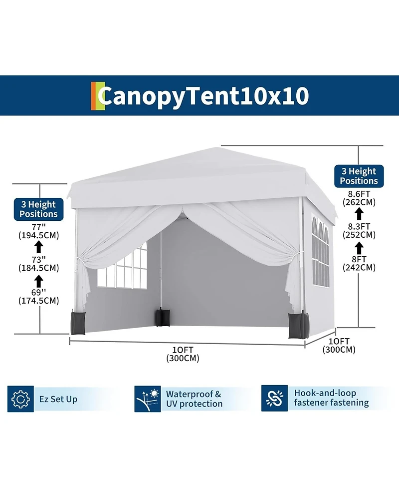gaomon 10'x10' Easy Pop Up Canopy Tent with 4 Detachable Window Sidewalls - Waterproof Outdoor Portable Canopy with Carry Bag and Guy Lines