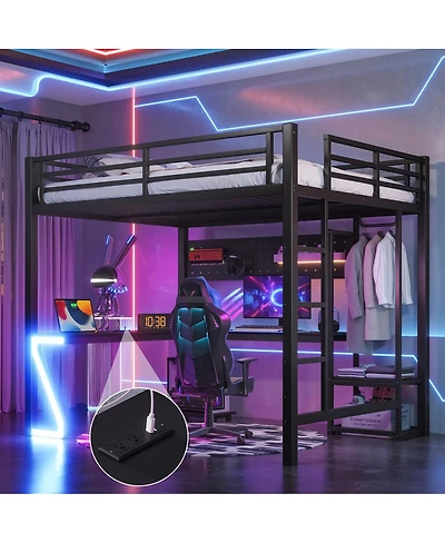 Streamdale Furniture Metal Loft Bed with L-Shaped Desk Usb Ports and Led Lights