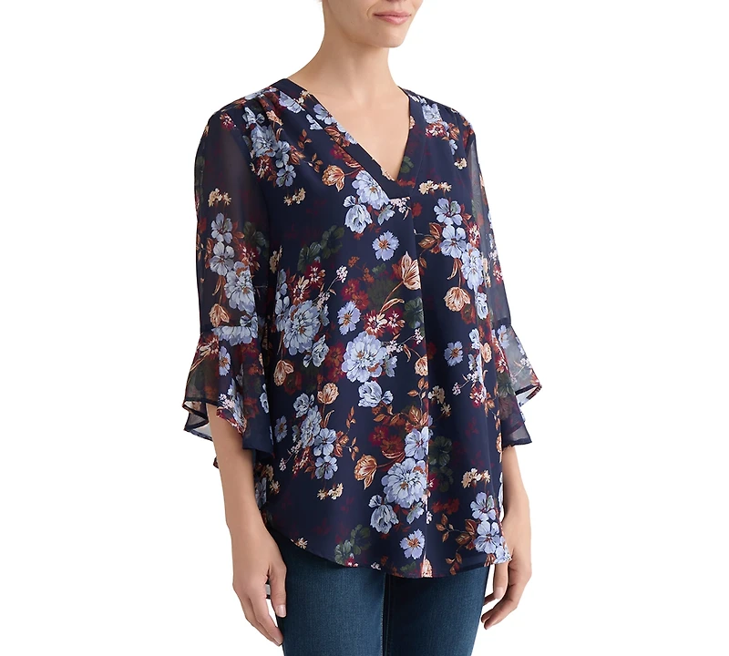 Jones New York Women's V-Neck Printed-Flutter Sleeve Top