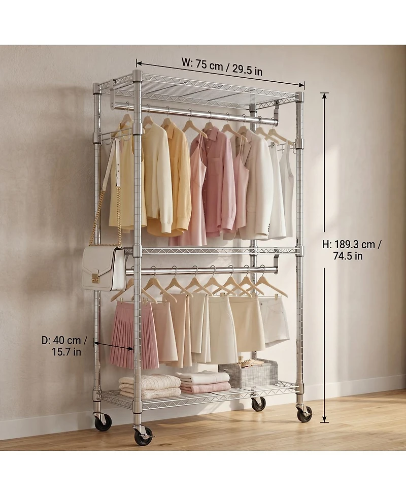 Streamdale Furniture Heavy Duty 3-Tier Rolling Garment Rack with Adjustable Shelves and Hooks